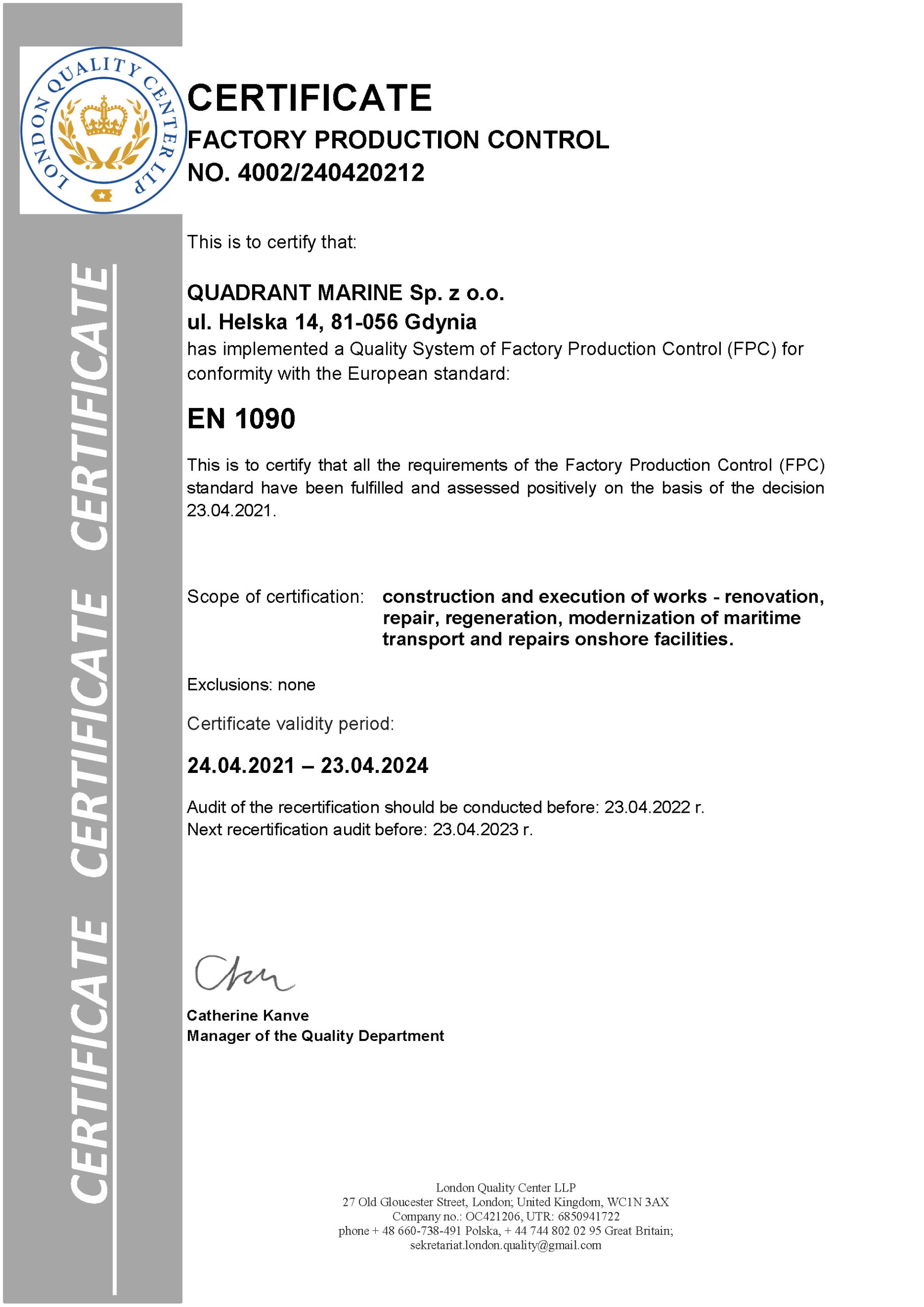 QUADRANT MARINE NR 4002 ISO 1090 EN